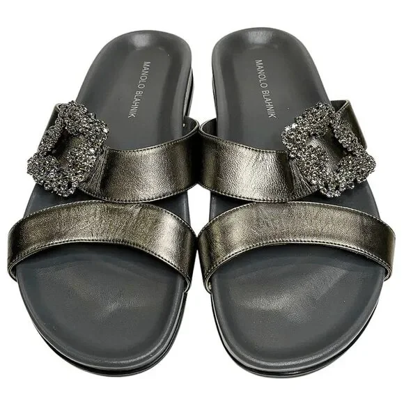 Manolo Blahnik Chilanghi Satin Jewel Buckle Flat Mules Silver EU 39 Slip On